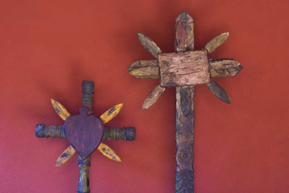 Picture of MEXICO TWO WOODEN CROSSES AGAINST RED WALL