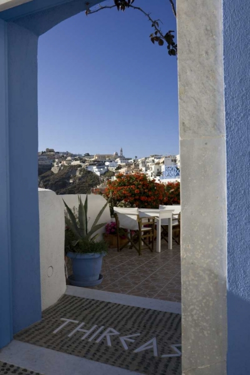 Picture of GREECE, SANTORINI DOORWAY TO BALCONY TABLES