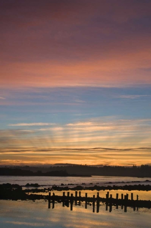 Picture of OR, BANDON SUNRISE GOD RAYS OVER HARBOR