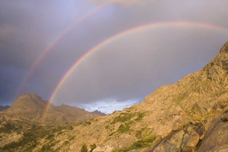 Picture of WY, BRIDGER WILDERNESS DOUBLE RAINBOW OVER PEAK