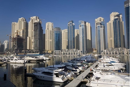 Picture of UAE, DUBAI MARINA TOWERS WITH BOATS AT ANCHOR