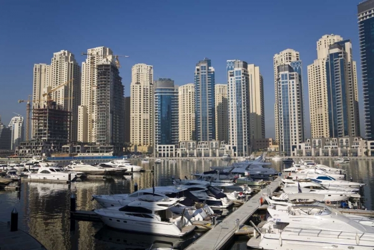 Picture of UAE, DUBAI MARINA TOWERS WITH BOATS AT ANCHOR