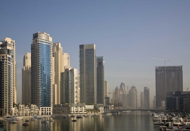 Picture of UAE, DUBAI MARINA TOWERS WITH BOATS AT ANCHOR