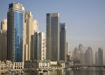 Picture of UAE, DUBAI MARINA TOWERS WITH BOATS AT ANCHOR
