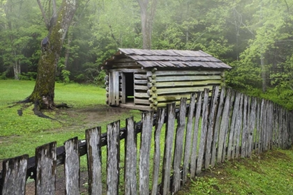 Picture of TN, GREAT SMOKY MTS FENCE AND ABANDONED CABIN