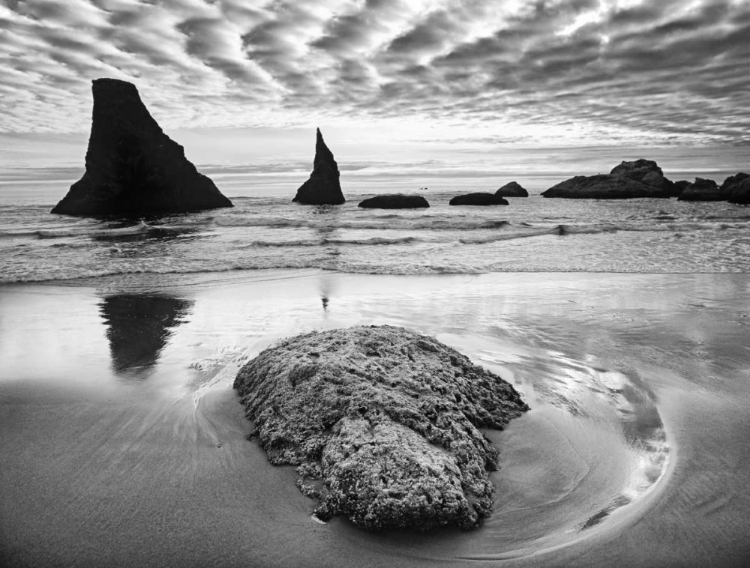 Picture of USA, OREGON, BANDON BEACH SUNSET ON SEA STACKS