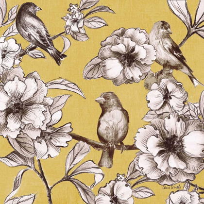 Picture of PEONIES AND BIRDS ON YELLOW I