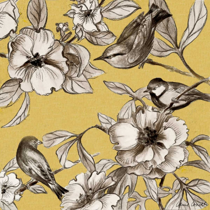 Picture of PEONIES AND BIRDS ON YELLOW II