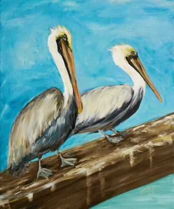 Picture of TWO PELICANS ON DOCK RAIL
