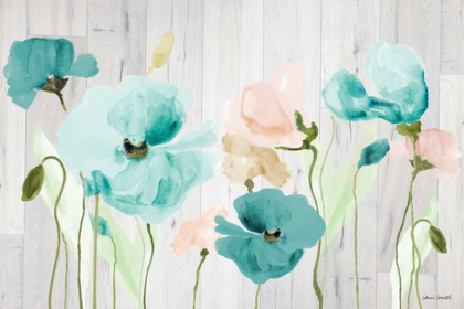 Picture of TEAL POPPIES ON WOOD