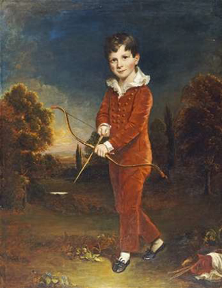 Picture of YOUNG BOY IN A RED SUIT, HOLDING A BOW AND ARROW