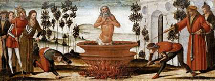 Picture of SAINT JOHN THE EVANGELIST IN A VAT OF BOILING OIL: A PREDELLA PANEL