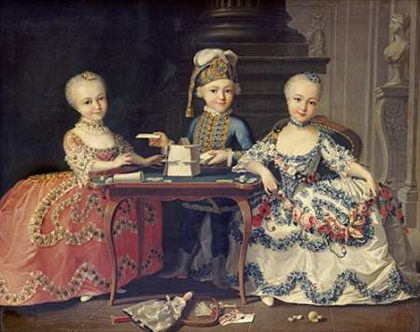 Picture of BOY IN BLUE BUILDING A HOUSE OF CARDS, WITH TWO GIRLS