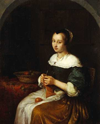 Picture of A WOMAN KNITTING WITH A BASKET OF FRUIT