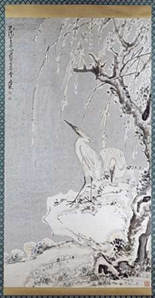 Picture of WHITE EGRETS ON A BANK OF SNOW COVERED WILLOWS