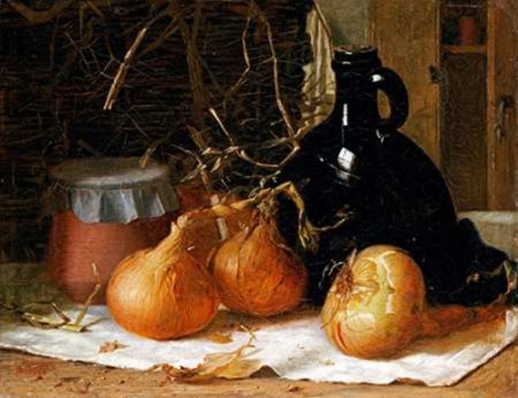 Picture of ONIONS, A JUG AND A CERAMIC POT ON A TABLECLOTH