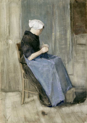 Picture of A YOUNG SCHEVENINGEN WOMAN KNITTING