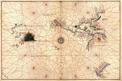Picture of PORTOLAN MAP OF THE WESTERN HEMISPHERE SHOWING WHAT WILL BECOME THE UNITED STATES, PANAMA AND A PORT