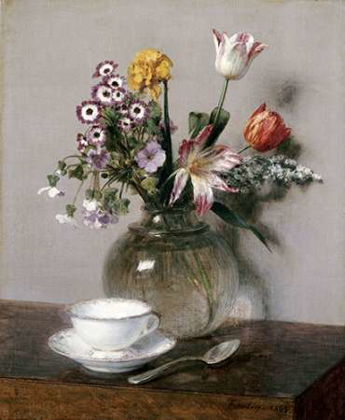 Picture of A VASE OF FLOWERS WITH A COFFEE CUP