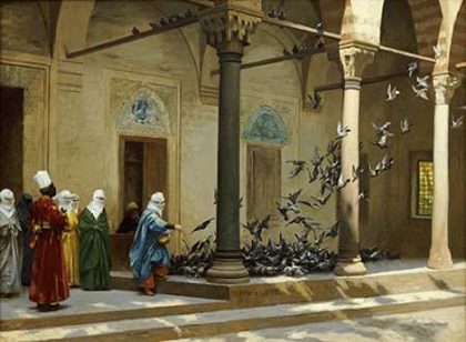 Picture of HAREM WOMEN FEEDING PIGEONS IN A COURTYARD