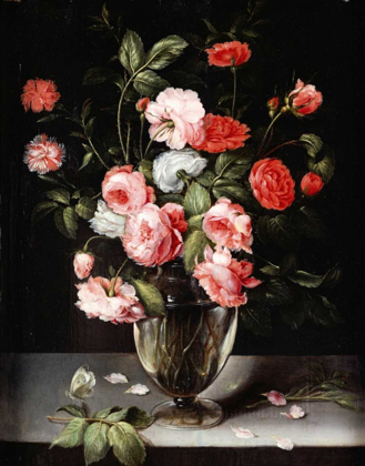 Picture of ROSES AND CARNATIONS IN A GLASS VASE ON A STONE LEDGE