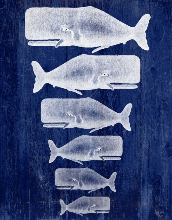 Picture of WHALE FAMILY WHITE ON BLUE
