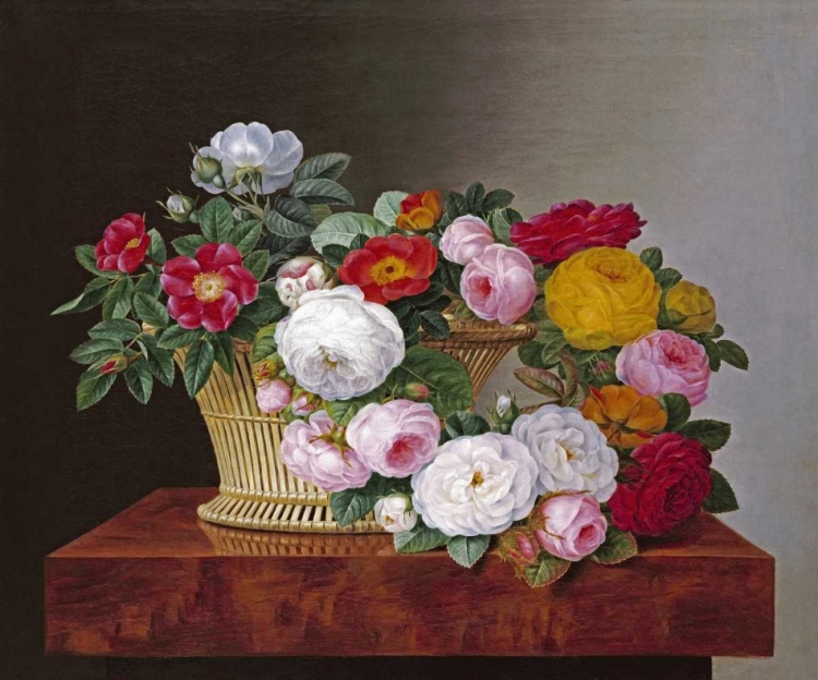 Picture of STILL LIFE OF ROSES IN A BASKET ON A LEDGE