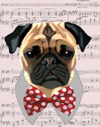 Picture of PUG WITH RED AND WHITE SPOTTY BOW TIE