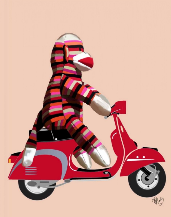 Picture of SOCK MONKEY ON RED MOPED