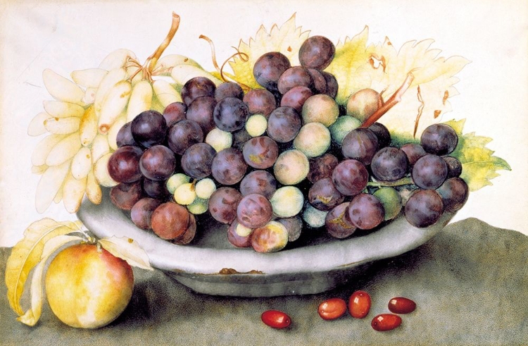 Picture of DISH OF GRAPES AND A PEACH