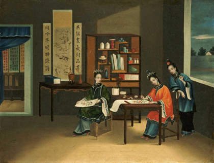 Picture of AN INTERIOR WITH A WOMAN PAINTING FLOWERS