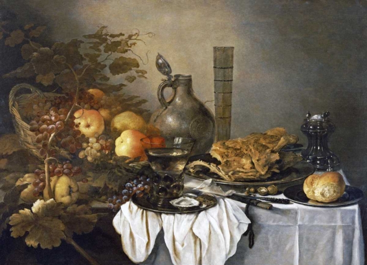 Picture of A STILL LIFE WITH A ROEMER, OYSTERS, A ROLL AND MEAT