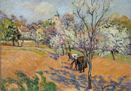 Picture of TWO PEASANTS SOWING HARICOTS IN AN ORCHARD IN BLOSSOM