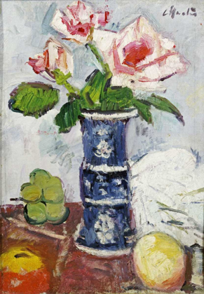 Picture of PINK ROSES IN A CHINESE BLUE AND WHITE GU-SHAPED VASE