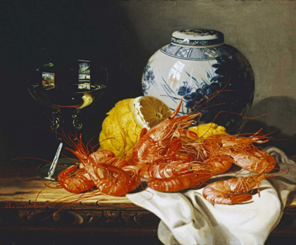 Picture of SHRIMPS, A PEELED LEMON, A GLASS OF WINE