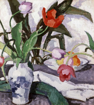 Picture of RED AND MAUVE TULIPS IN A VASE
