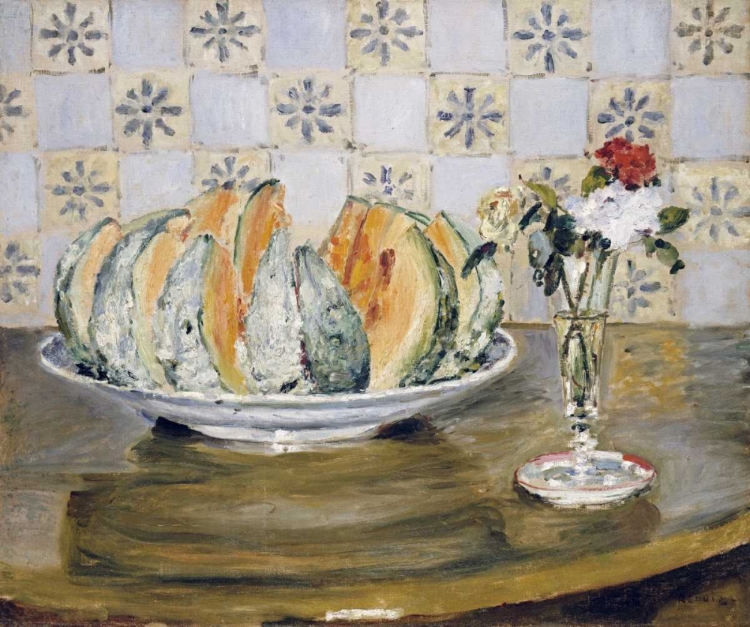 Picture of STILL LIFE OF A MELON AND A VASE OF FLOWERS