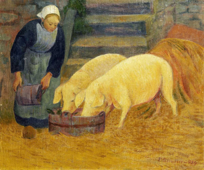 Picture of A YOUNG GIRL FEEDING TWO PIGS
