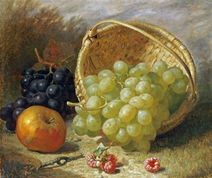 Picture of AN UPTURNED BASKET OF GRAPES, AN APPLE AND OTHER FRUIT