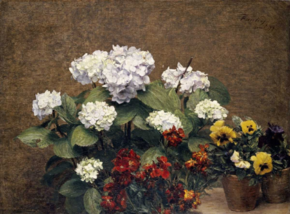 Picture of HYDRANGEAS, WALLFLOWERS AND TWO POTS OF PANSIES