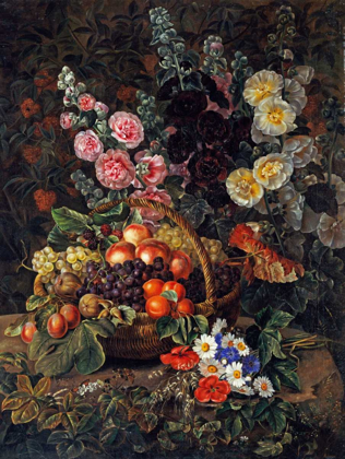 Picture of A STILL LIFE OF FLOWERS AND A BASKET OF FRUIT