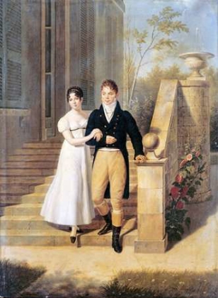 Picture of PORTRAIT OF A LADY AND A GENTLEMAN ON THE STEPS OF A CHATEAU
