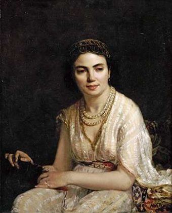 Picture of PORTRAIT OF A WOMAN WEARING A PEARL NECKLACE