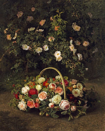 Picture of ROSES IN A BASKET BESIDE A ROSE BUSH