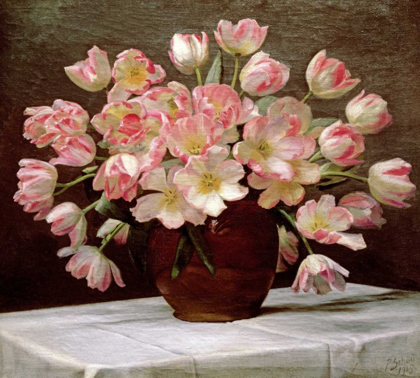Picture of TULIPS IN A VASE ON A DRAPED TABLE