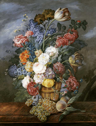 Picture of A STILL LIFE OF MIXED FLOWERS IN A VASE ON A STONE LEDGE
