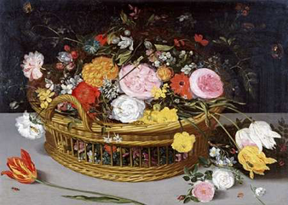 Picture of ROSES TULIPS, AND OTHER FLOWERS IN A WICKER BASKET