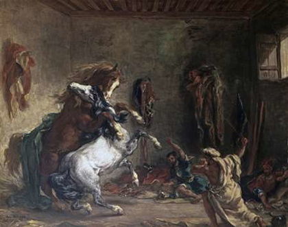 Picture of ARABIAN HORSES FIGHTING IN A STABLE