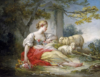 Picture of SHEPHERDESS SEATED WITH SHEEP AND A BASKET OF FLOWERS NEAR A RUIN IN A WOODED LANDSCAPE