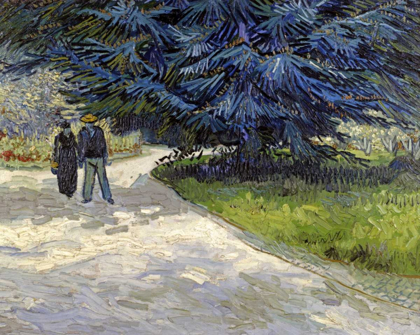 Picture of PUBLIC GARDEN WITH COUPLE AND BLUE FIR TREE